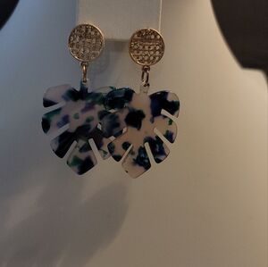 Monstera Leaf Blue and Green Mottle Acrylic and Goldtone Earrings